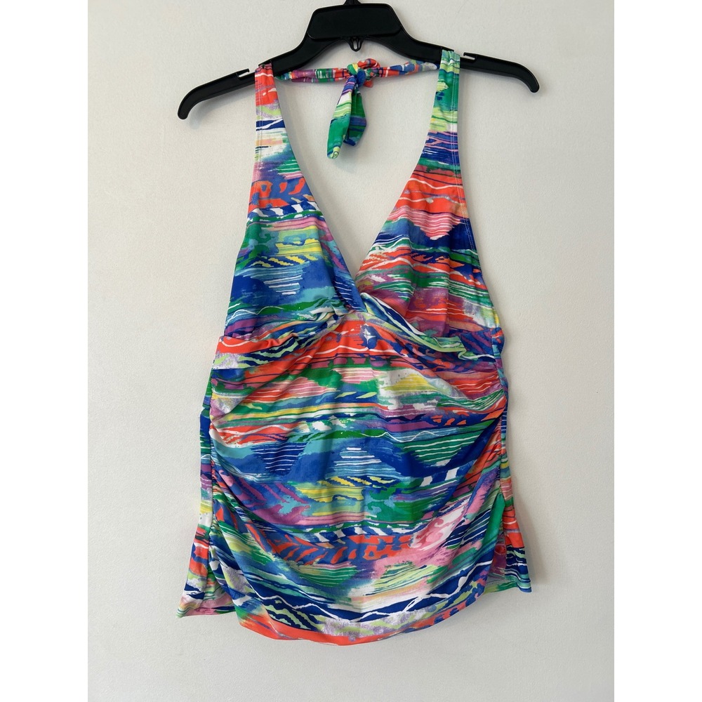 Chaps Womens Abstract Print Halter Tankini‎  Swim Top Blue Multi Color  size 16